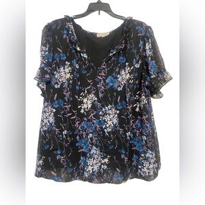 Black Floral Blouse Elastic Bottom Size 2X